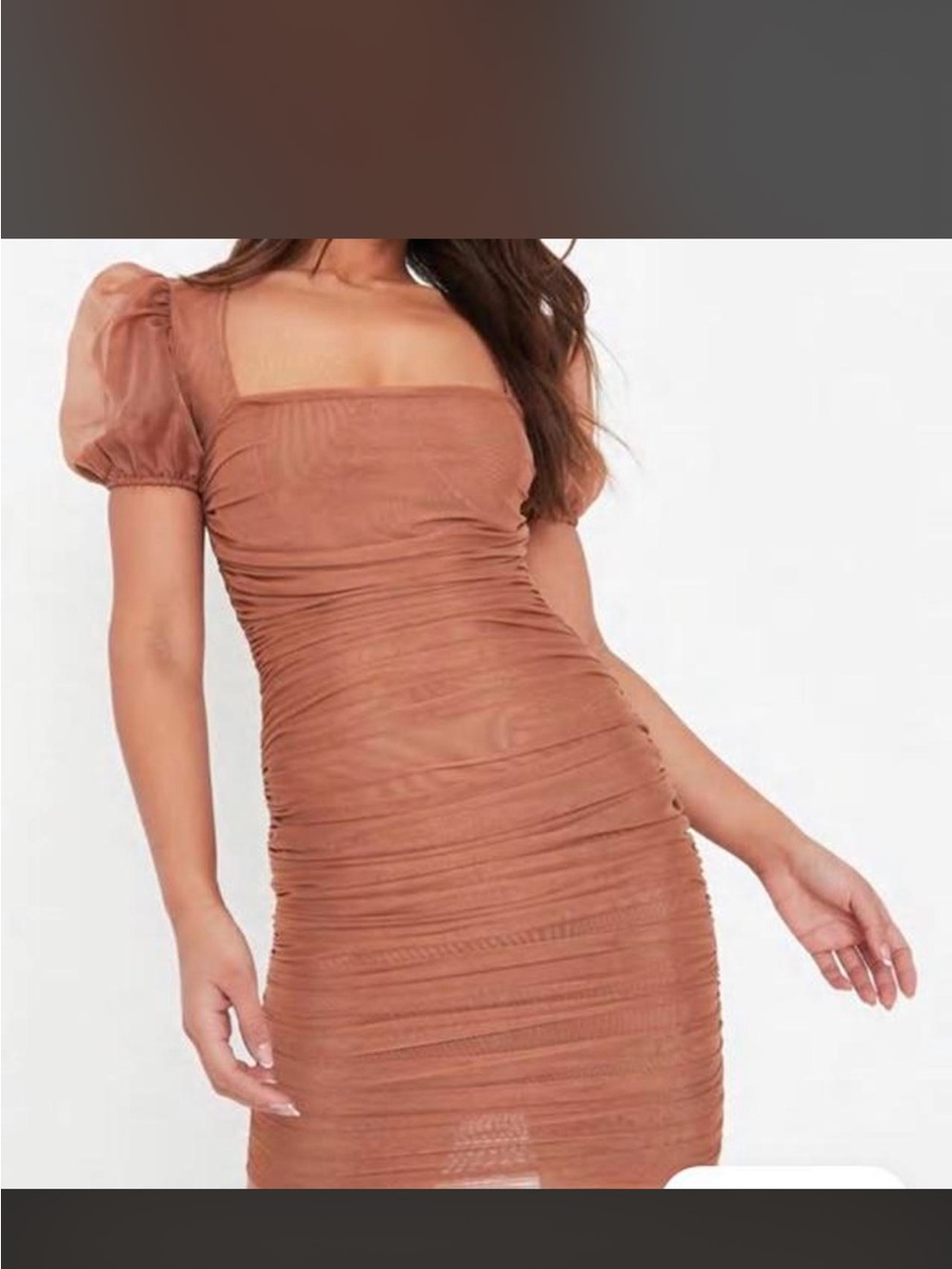 Missguided taupe mesh ruched puff sleeve mini dress